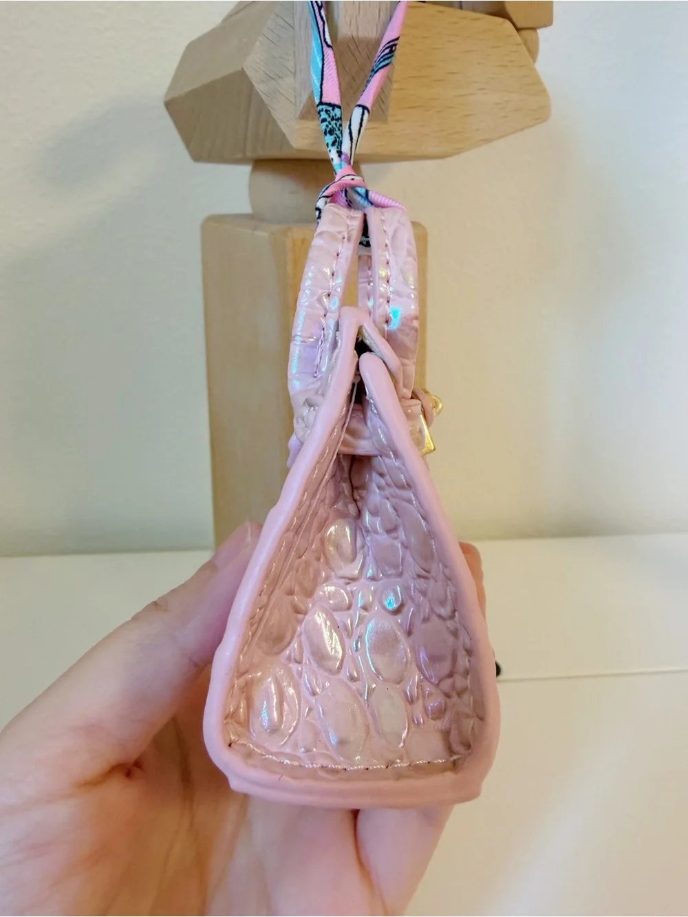 Iridescent Pearl Pink Croc Embossed Mini Bag Charm